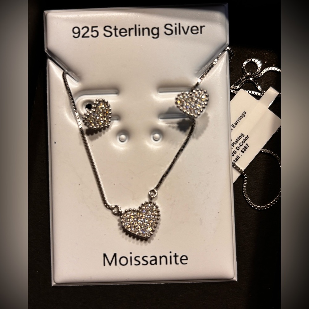 Sterling Silver Heart Moissanite Necklace and Stud Earrings - White